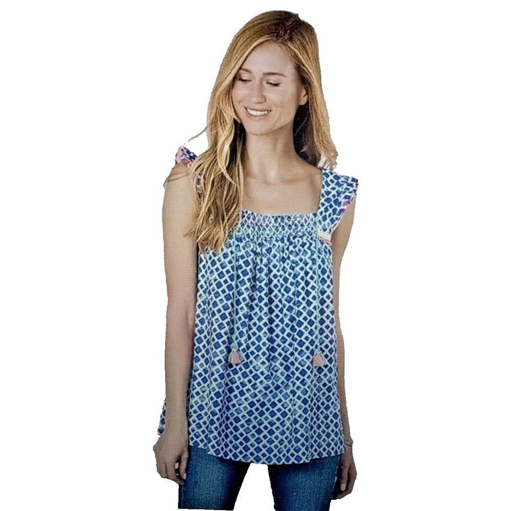 Matilda Jane Blue White Tassel Wandering Waters Top Blouse Size M